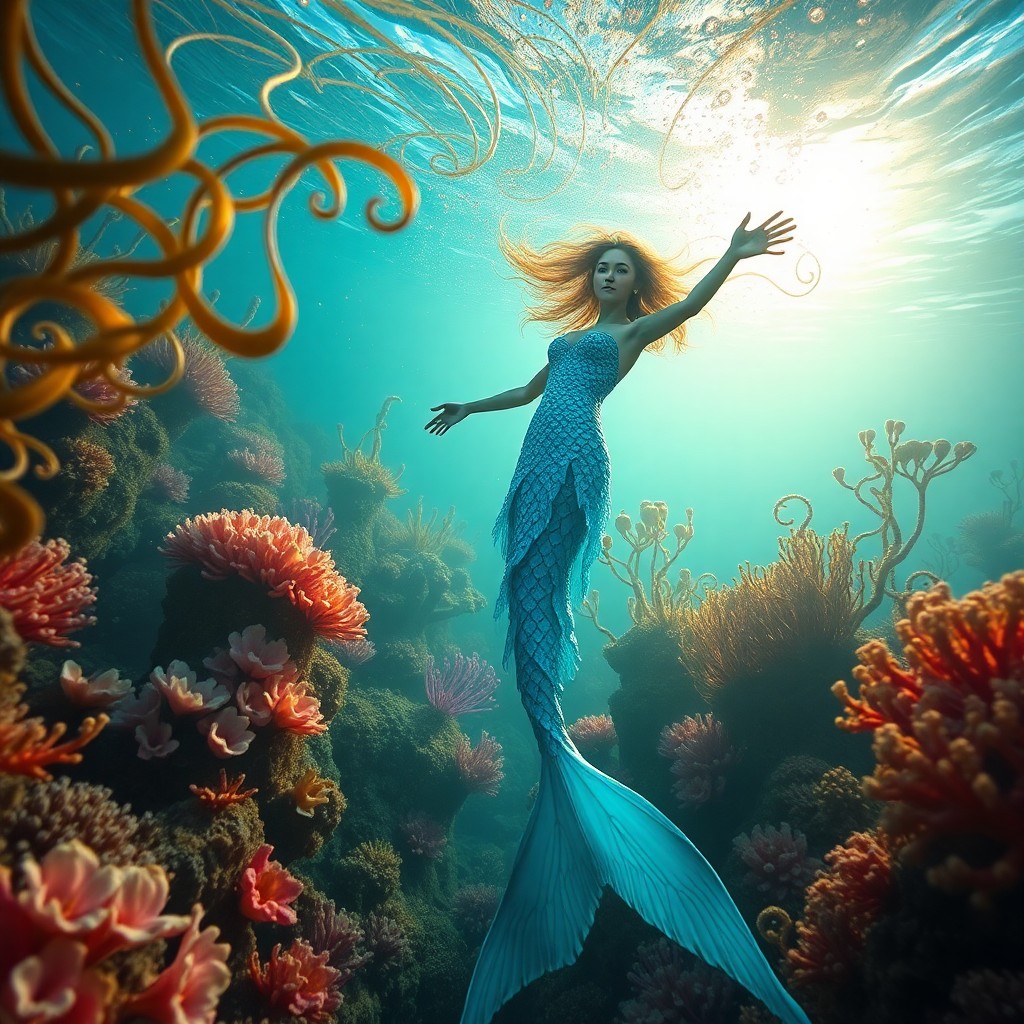 AI generated art for prompt: Envision an alluring underwater landscape where a siren with glistening scales in luminous blue tone