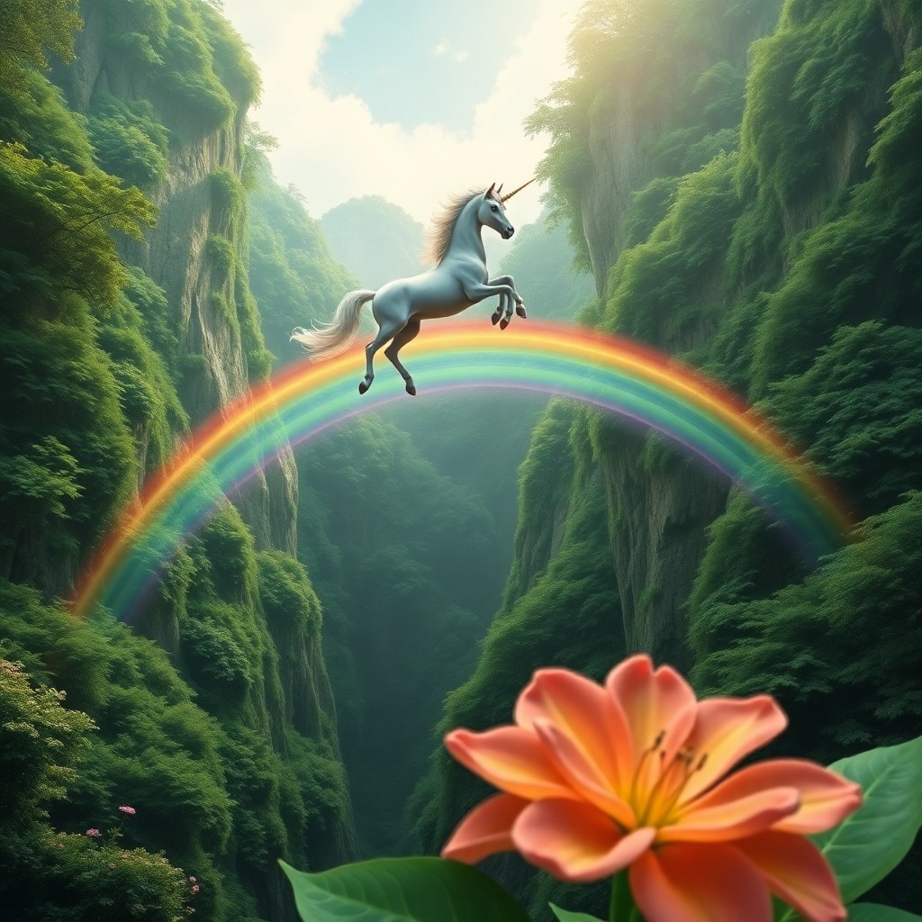 AI generated art for prompt: A mesmerizing digital artwork portrays a regal unicorn gracefully soaring over an arching rainbow br