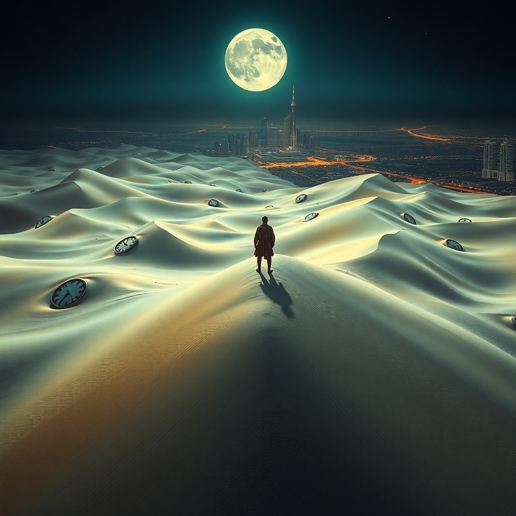 AI generated art for prompt: Visualize an otherworldly desert panorama under moonlit skies, reminiscent of Dali's surrealistic vi