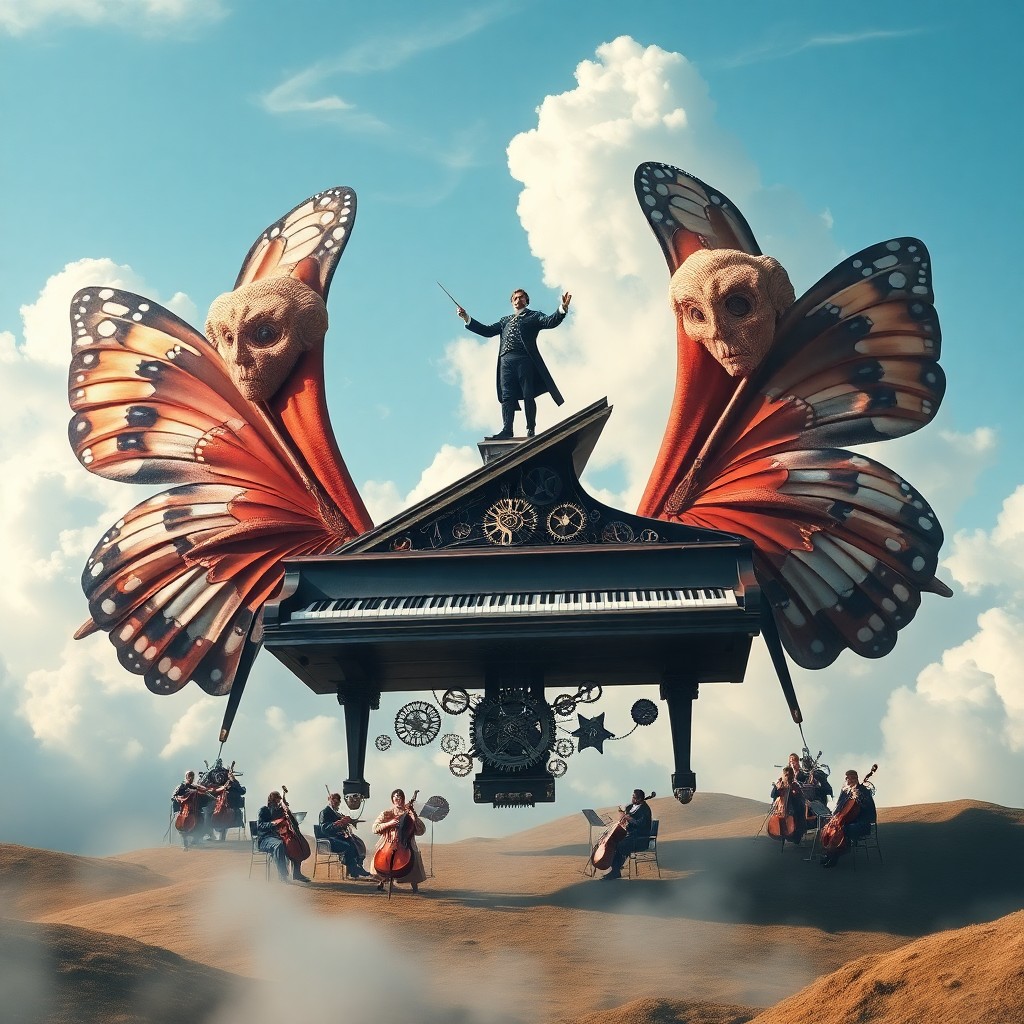 AI generated art for prompt: Imagine a surreal landscape where an oversized grand piano hovers between two colossal winged beings