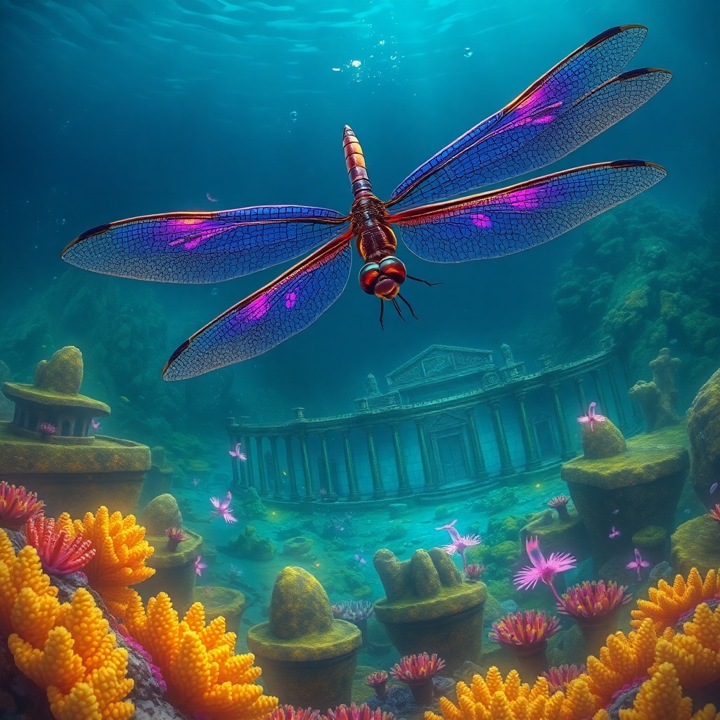 AI generated art for prompt: A majestic dragonfly with iridescent purple and gold hues hovers over a vibrant, surreal underwater 