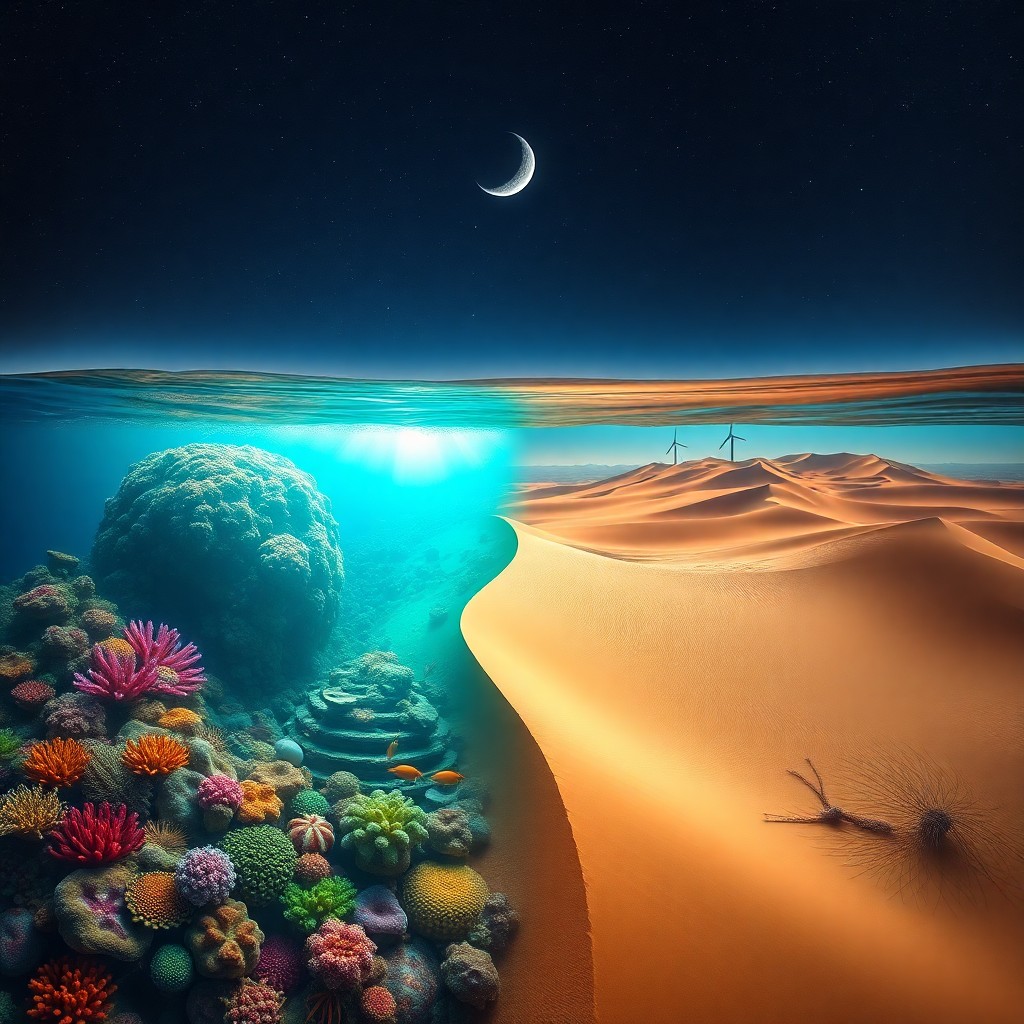 AI generated art for prompt: A mesmerizing fusion of contrasting natural environments, this surreal artwork captures the breathta