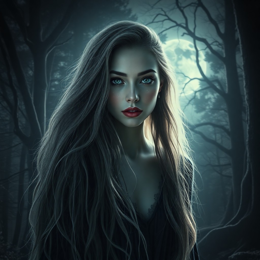 AI generated art for prompt: An enigmatic female figure emerges from the shadows of a moonlit forest clearing, her flowing locks 