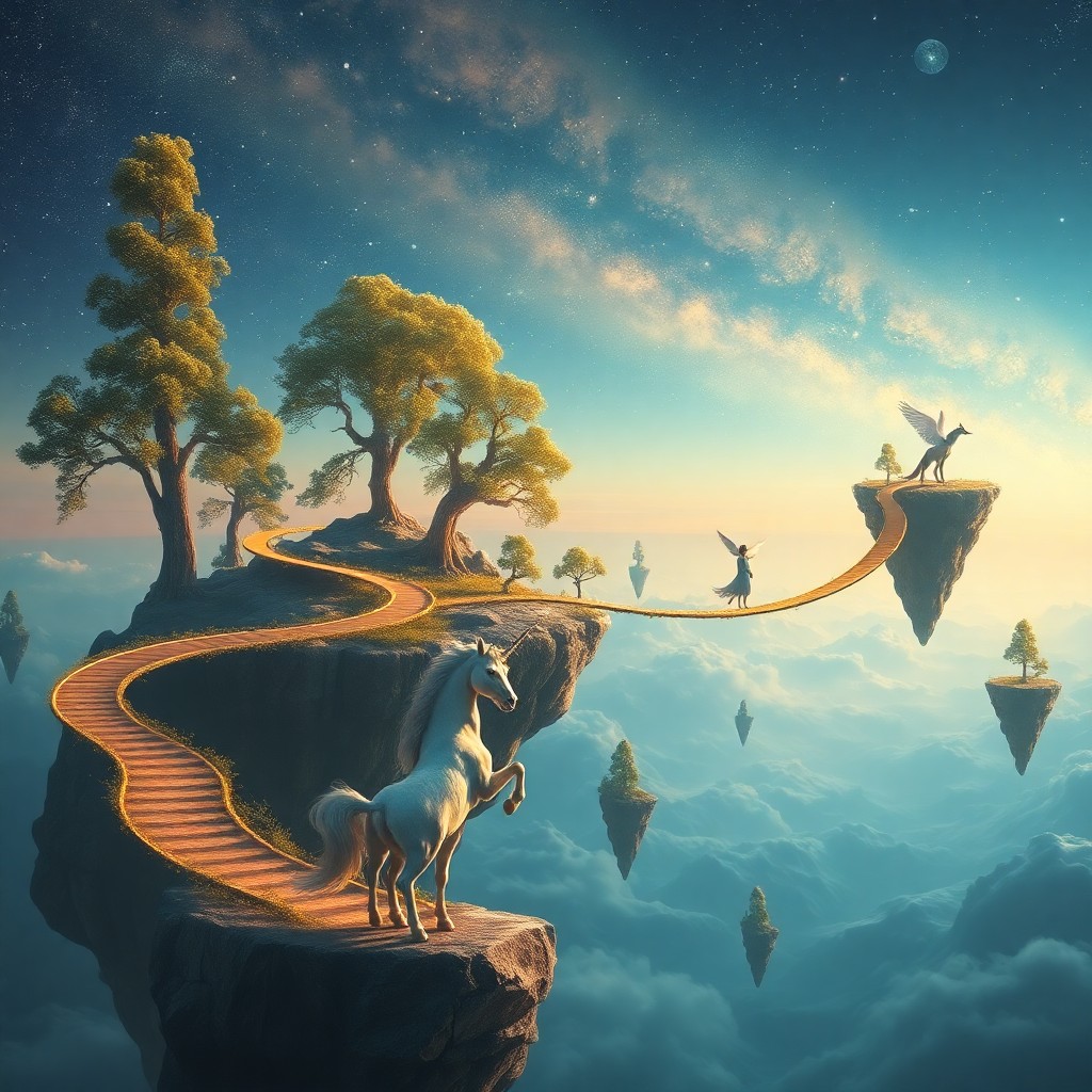 AI generated art for prompt: Envision an enchanting celestial landscape filled with surreal floating islands connected by winding