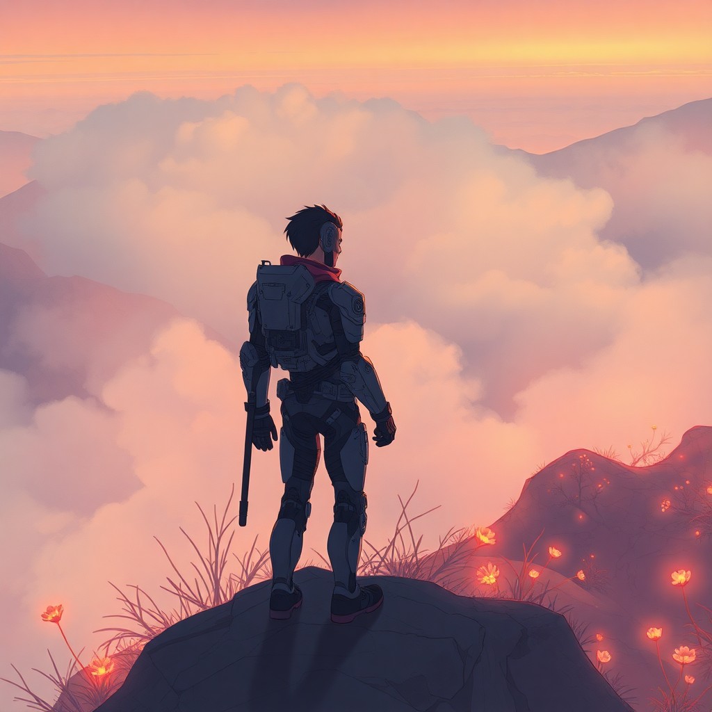 AI generated art for prompt: Envision an anime-inspired illustration showcasing a solitary cyborg adventurer perched on a fog-shr