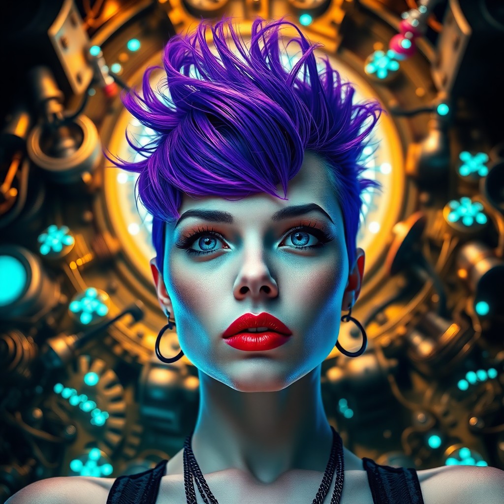 AI generated art for prompt: A portrait depicting a woman with an eye-catching purple mohawk hairstyle, striking sapphire-blue ey