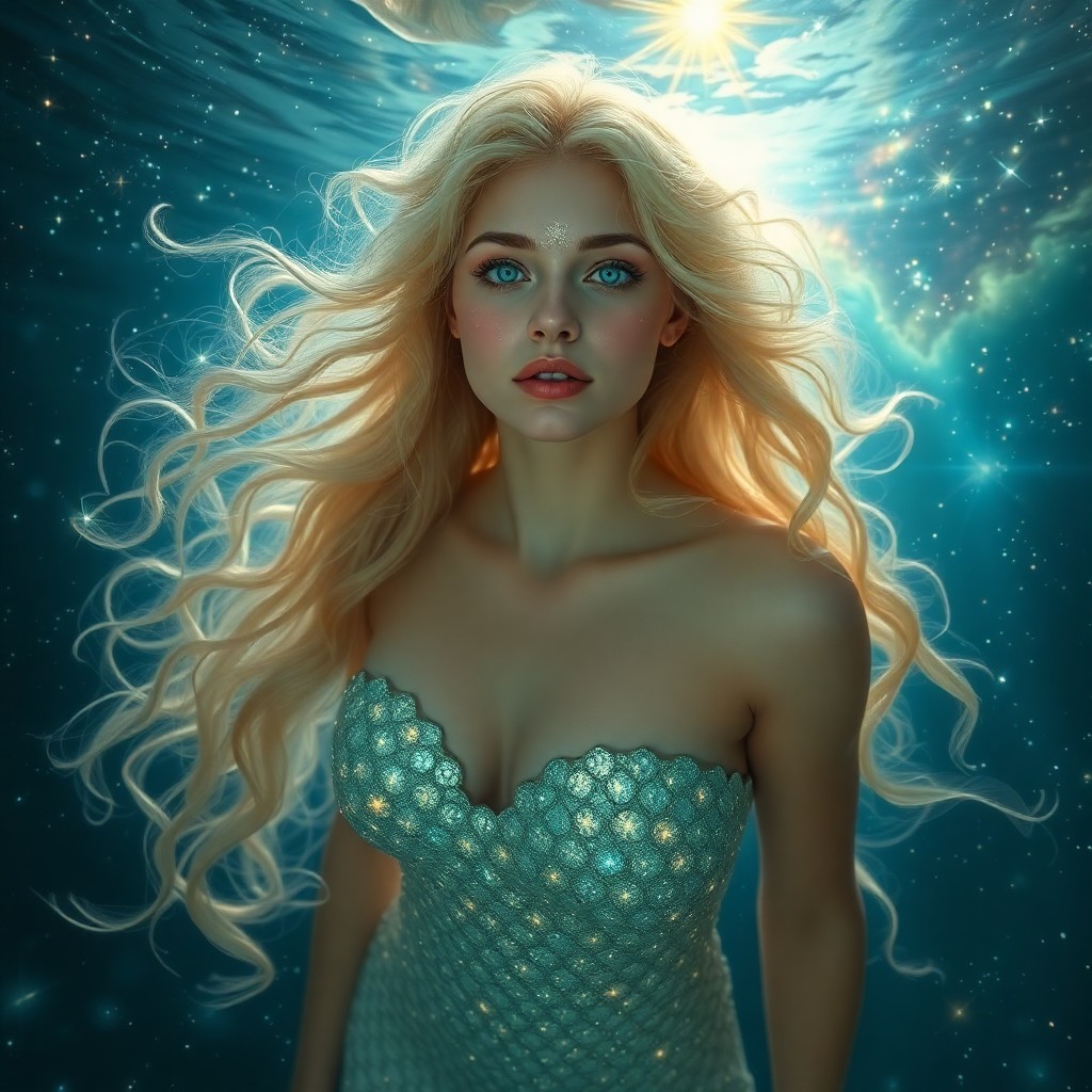 AI generated art for prompt: An ethereal portrait of a celestial nymph with shimmering scales reflecting starlight, her cascading