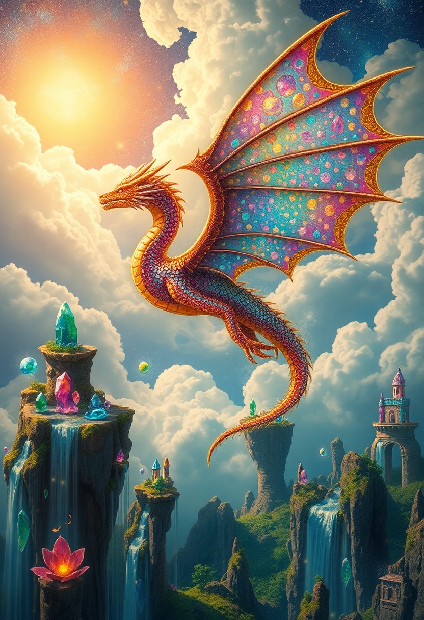 AI generated art for prompt: In an ethereal realm reminiscent of Gustav Klimt's intricate gold-leaf paintings, a majestic dragon 