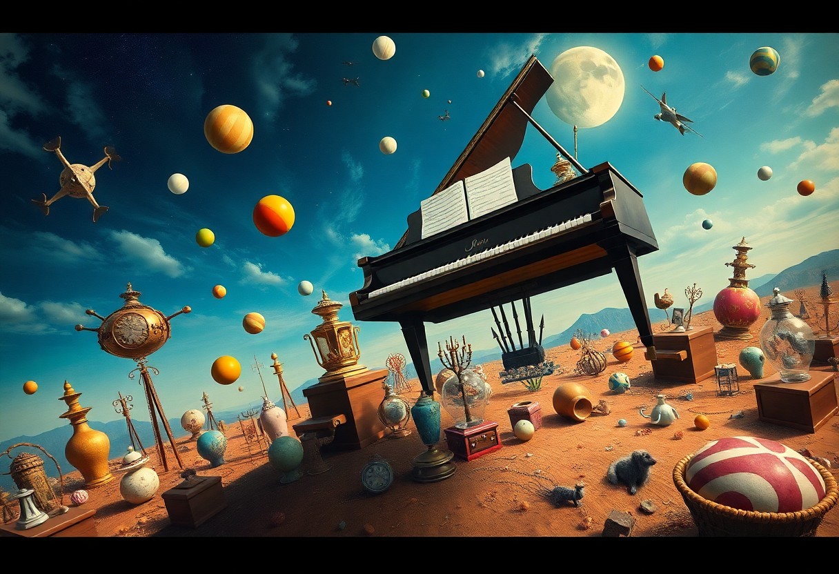 AI generated art for prompt: A surreal dreamscape depicting an extraordinary scene with a grand piano suspended mid-air among a w