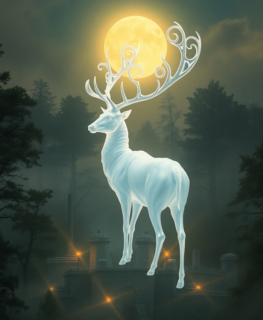 AI generated art for prompt: A surreal dreamscape showcases a majestic white stag with intricately spiraling antlers standing tal