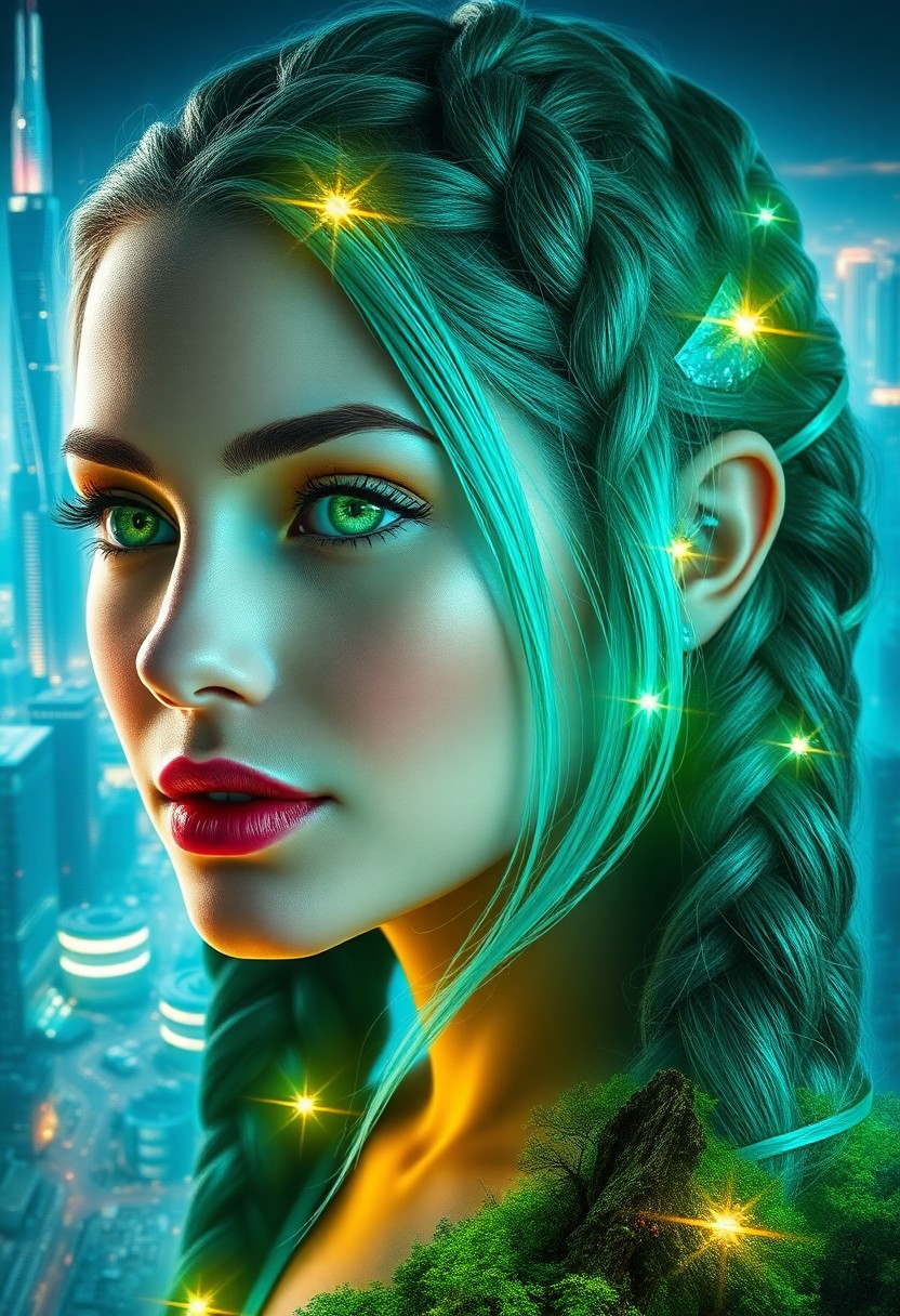 AI generated art for prompt: A captivating portrait in photorealistic digital art style depicts a woman with striking turquoise h