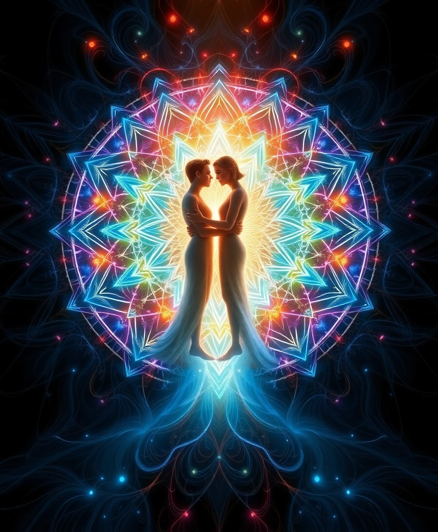 AI generated art for prompt: A mesmerizing digital artwork depicting two figures merging into one during a transcendental meditat