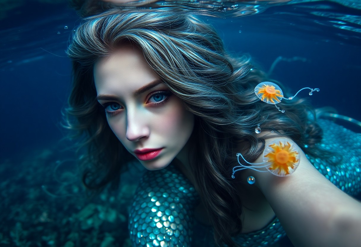 AI generated art for prompt: A mesmerizing underwater portrait captures an enigmatic mermaid submerged in shimmering scales refle