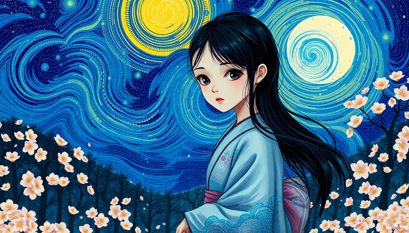 AI generated art for prompt: A mesmerizing digital artwork blends Van Gogh-inspired swirling patterns with ukiyo-e woodblock prin