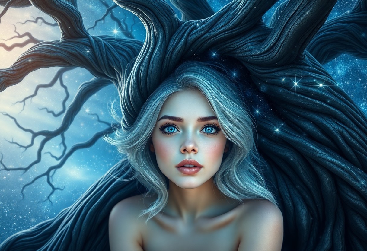 AI generated art for prompt: A mesmerizing portrait of a young woman with alluring sapphire eyes and glistening silver hair, remi