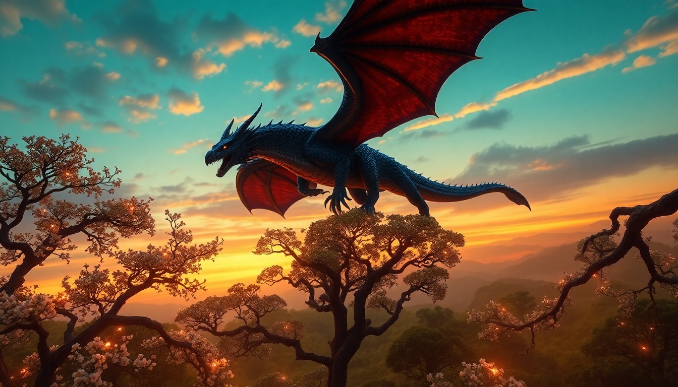 AI generated art for prompt: A mesmerizing digital artwork captures a grand dragon majestically soaring above an enchanted forest