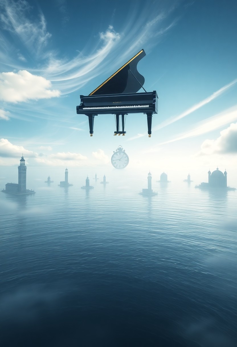 AI generated art for prompt: A surreal digital landscape showcases a grand piano floating above an expansive body of water, with 