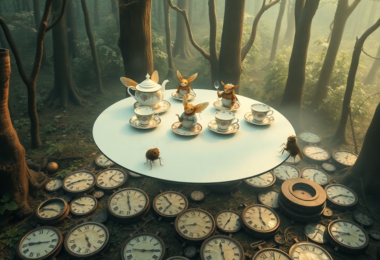 AI generated art for prompt: An imaginative surrealist landscape depicts a whimsical tea party held within a dreamscape forest. F