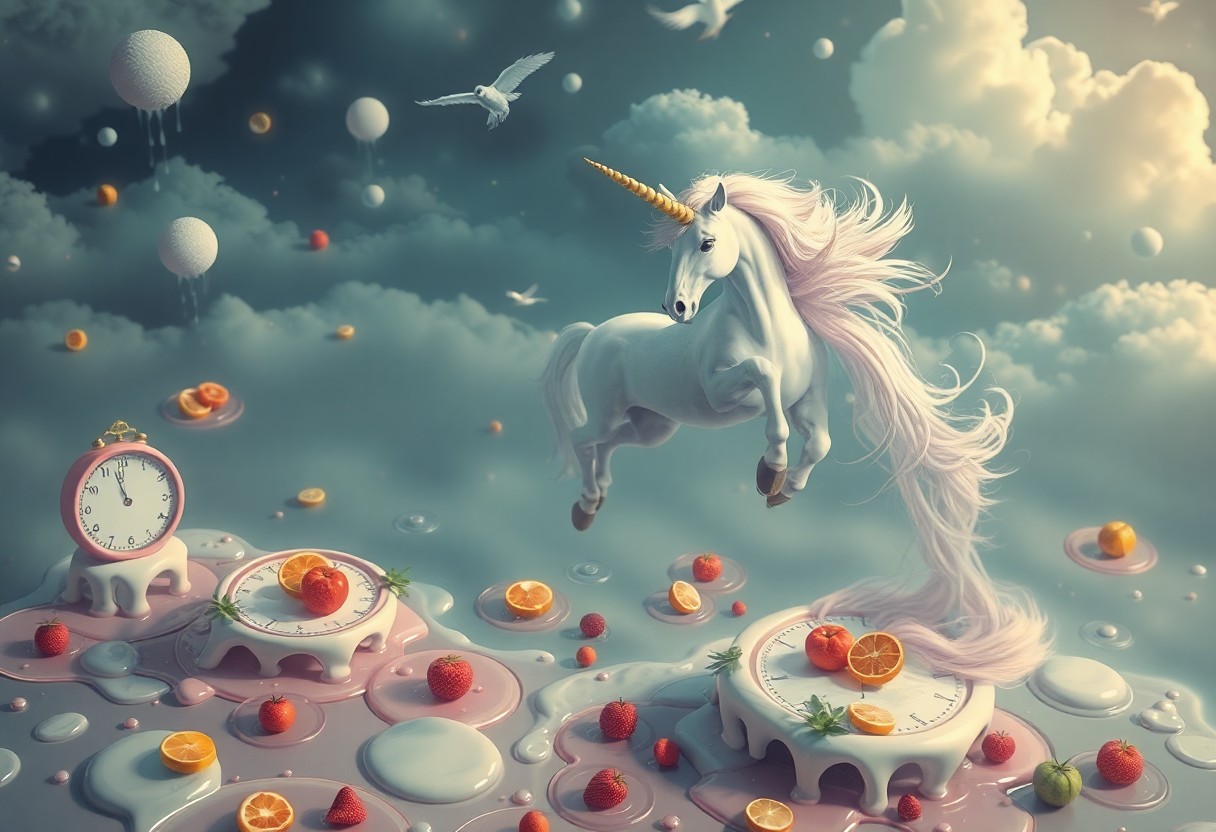 AI generated art for prompt: Craft an image in the whimsical style of surreal art, portraying a majestic unicorn gracefully soari