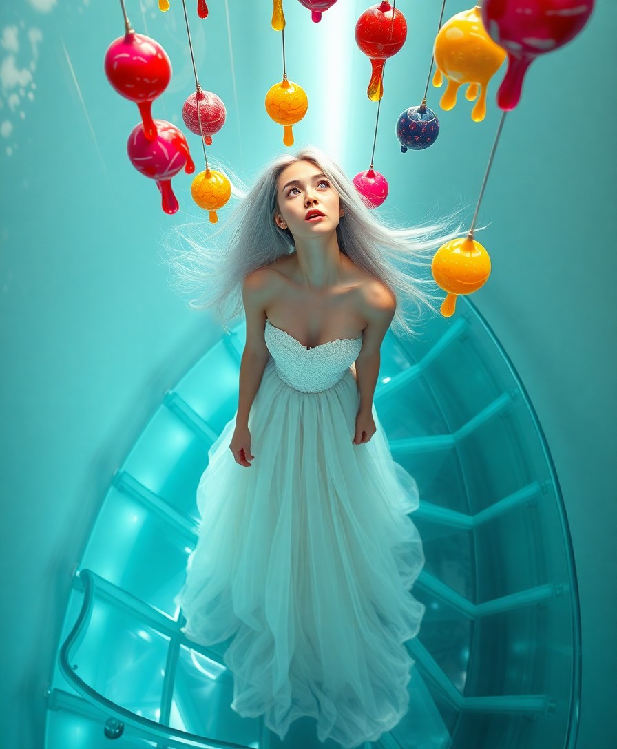 AI generated art for prompt: An imaginative dreamscape featuring a young woman with flowing silver hair standing on an ethereal g