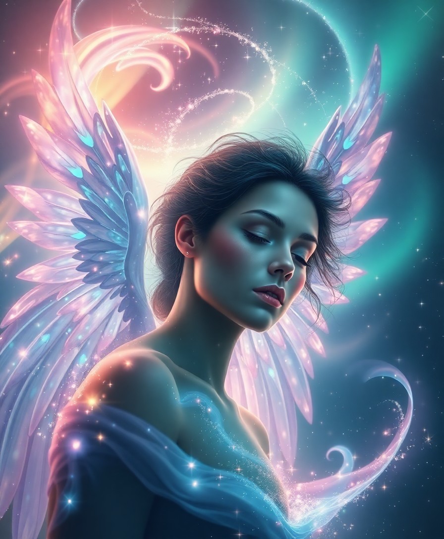 AI generated art for prompt: A captivating digital art composition showcasing an enigmatic celestial figure with iridescent wings