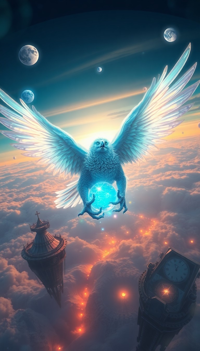 AI generated art for prompt: A mesmerizing digital artwork unveils an ethereal griffin soaring through a surreal skiescape, its w