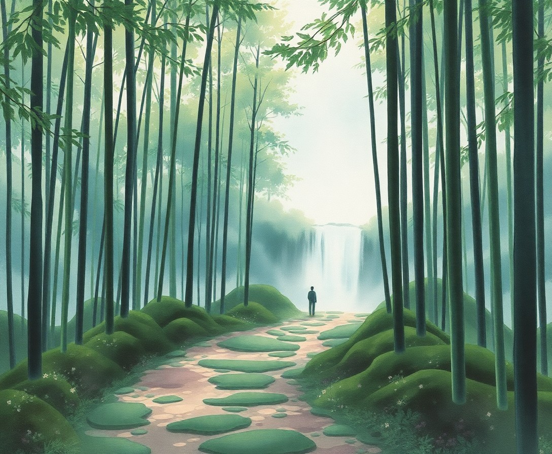 AI generated art for prompt: Envision a tranquil watercolor landscape capturing a serene bamboo forest with a meandering path lea