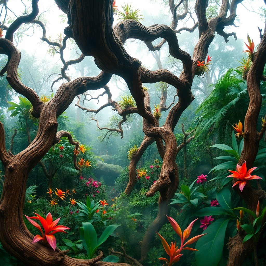 AI generated art for prompt: An ethereal jungle panorama unfolds, teeming with vibrant flora and fauna. Observed from an up-close