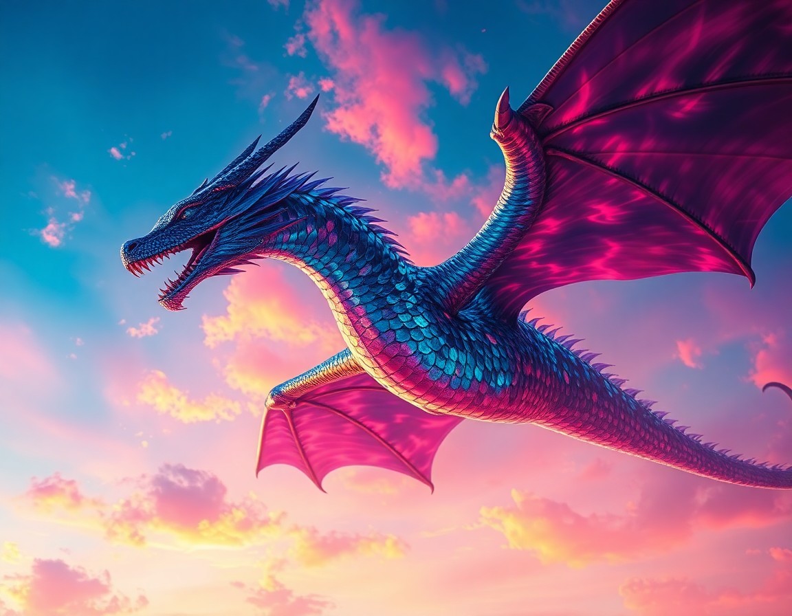 AI generated art for prompt: A breathtaking image emerges, depicting an awe-inspiring dragon soaring through an ethereal sky fill