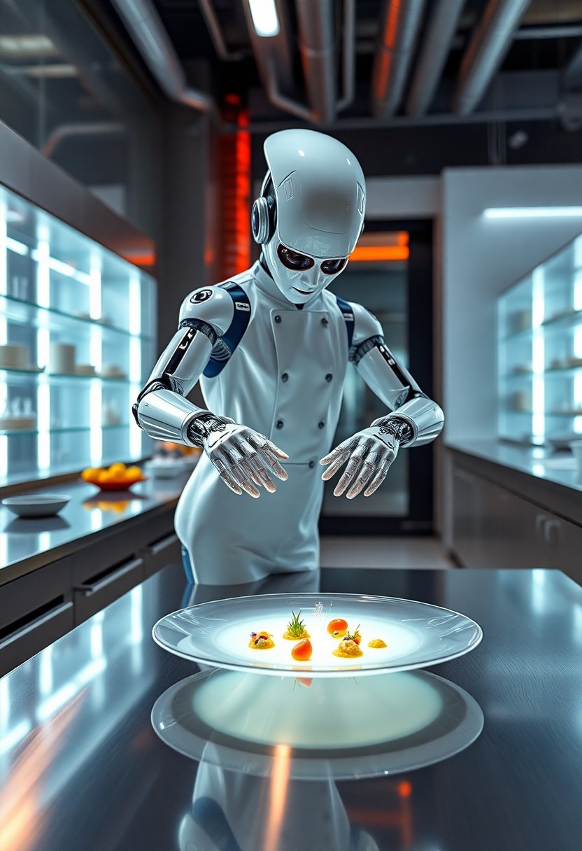 AI generated art for prompt: In this mesmerizing scene, an android chef gracefully performs on a pristine stainless steel worksta