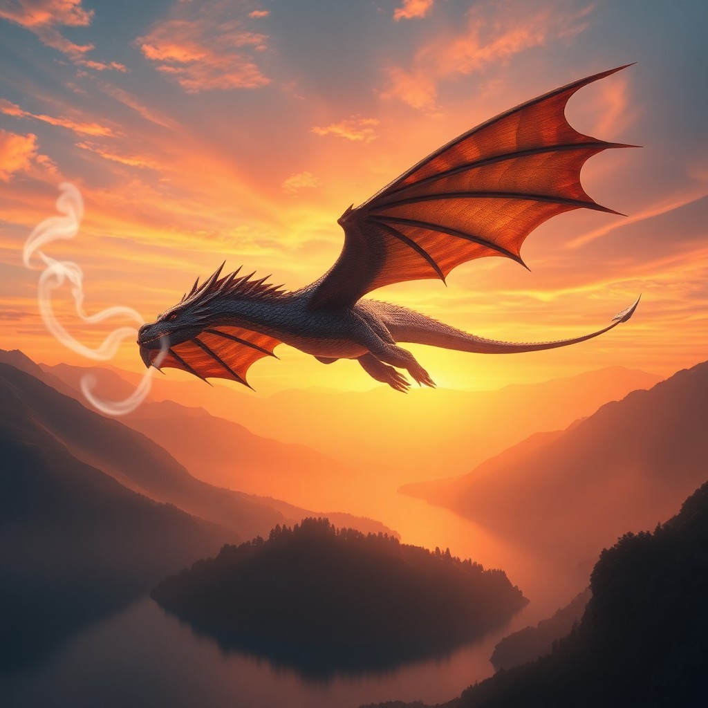 AI generated art for prompt: A breathtaking digital masterpiece captures an awe-inspiring dragon in flight over a peaceful mounta