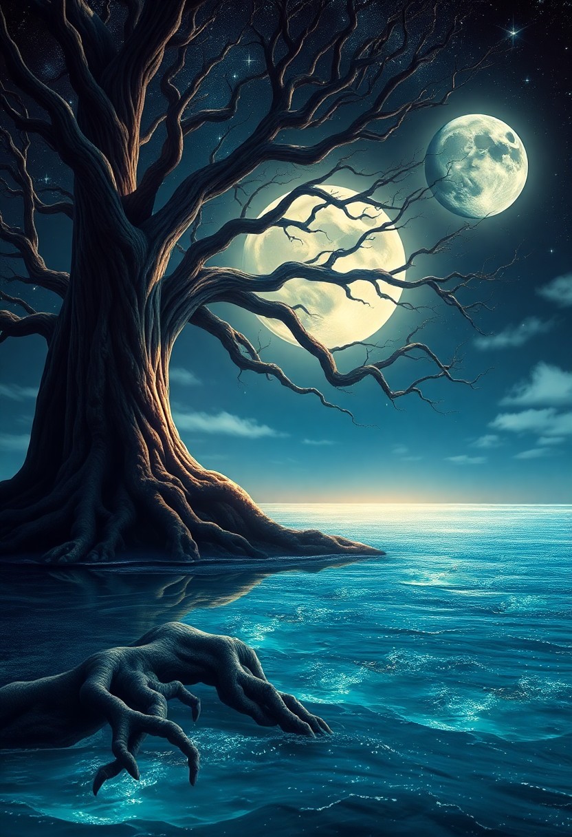 AI generated art for prompt: Craft an image in the style of surrealist dreamscape painting, depicting a tranquil moonlit landscap