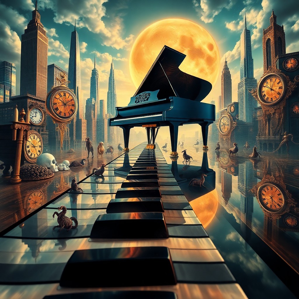 AI generated art for prompt: Imagine an enchanting digital art composition influenced by surrealism, portraying a grand piano hov