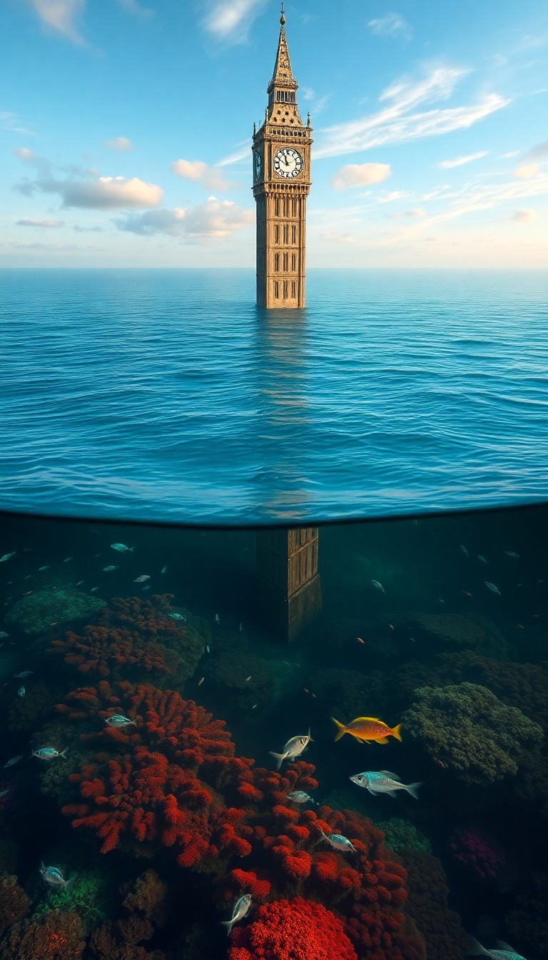 AI generated art for prompt: A surreal seascape reveals an imposing tower rising from serene ocean waves, its hands suspended in 