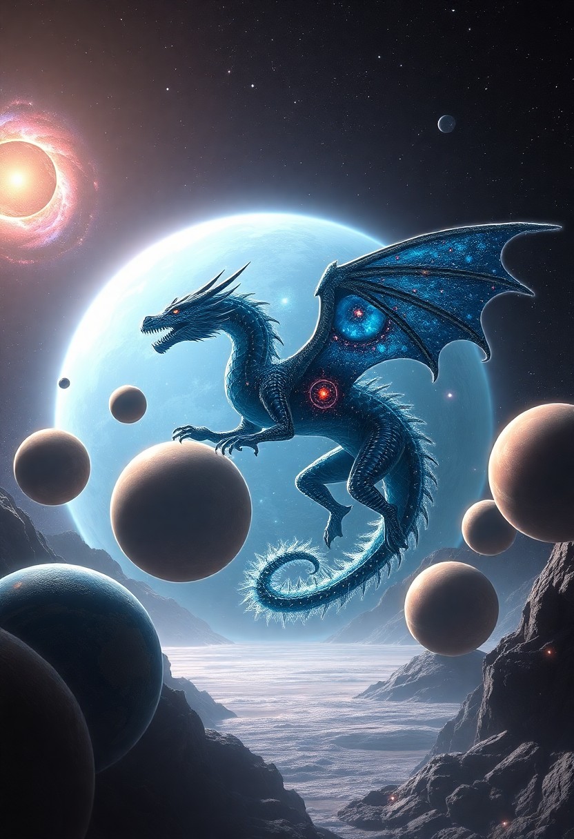 AI generated art for prompt: A mesmerizing digital artwork showcases a celestial dragon engaged in an enchanting dance among a gr