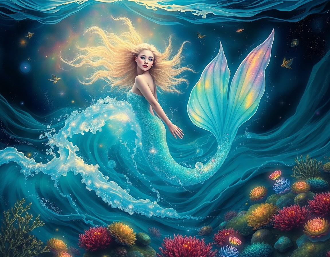 AI generated art for prompt: A mesmerizing portrait of an ethereal mermaid arising from turbulent ocean waves, her iridescent tai