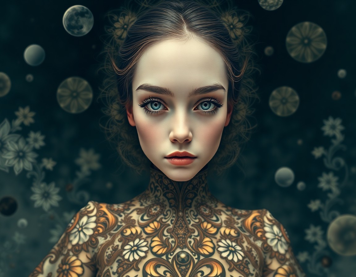 AI generated art for prompt: An enigmatic portrait of a young woman in an intricately designed dress evokes the surrealistic styl