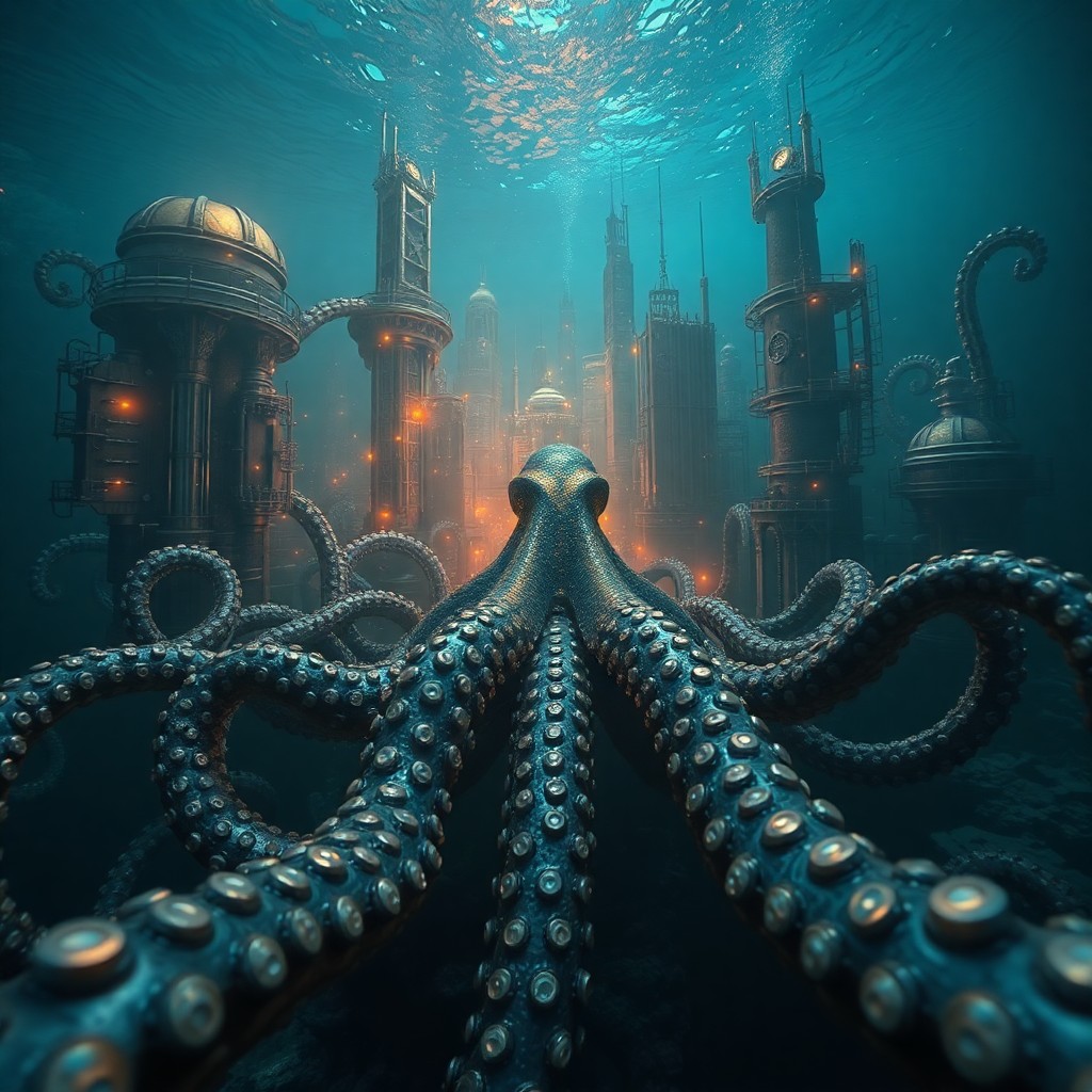 AI generated art for prompt: Create an image of a vast submerged city emerging from the depths in a surreal underwater landscape,