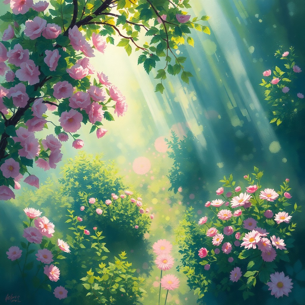 AI generated art for prompt: A captivating impressionist-inspired painting depicts an aerial view of a serene garden landscape, s