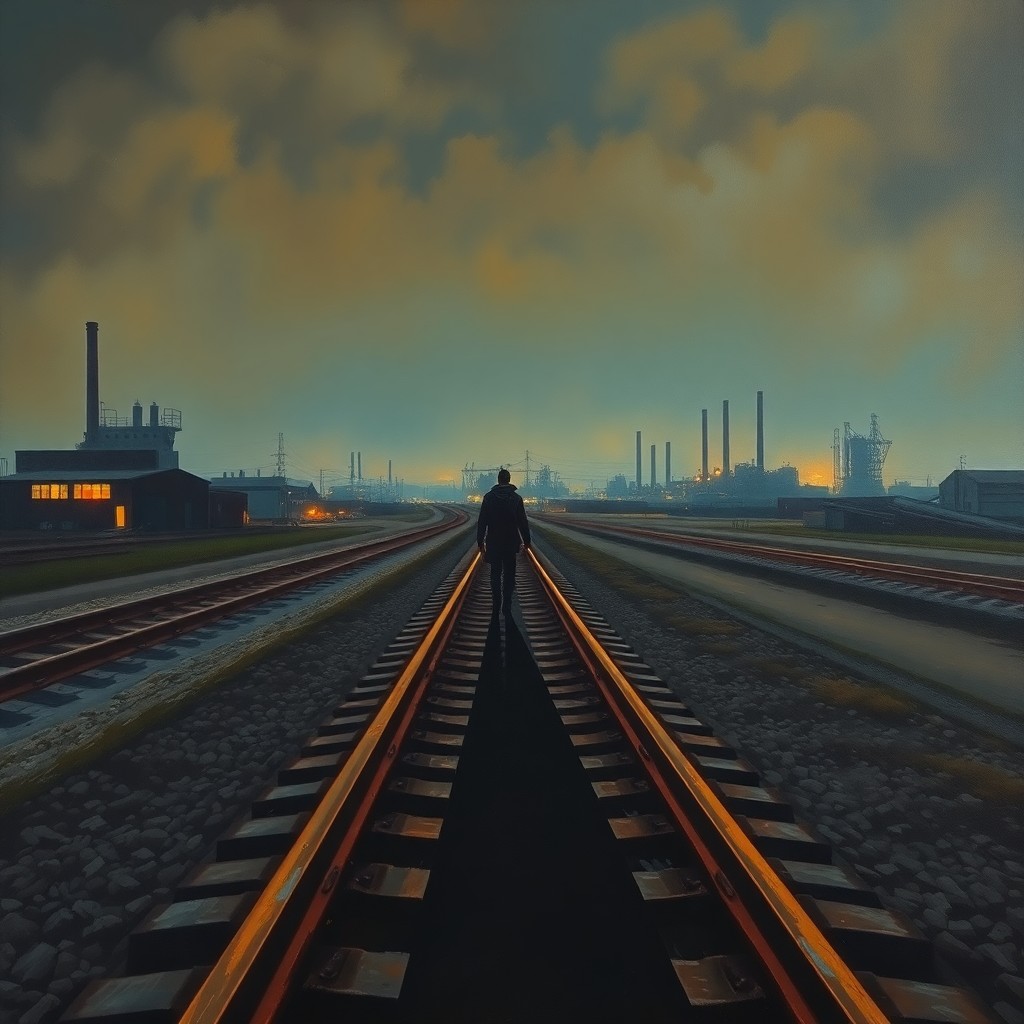 AI generated art for prompt: A mesmerizing oil painting captures the essence of a desolate industrial landscape at twilight, remi