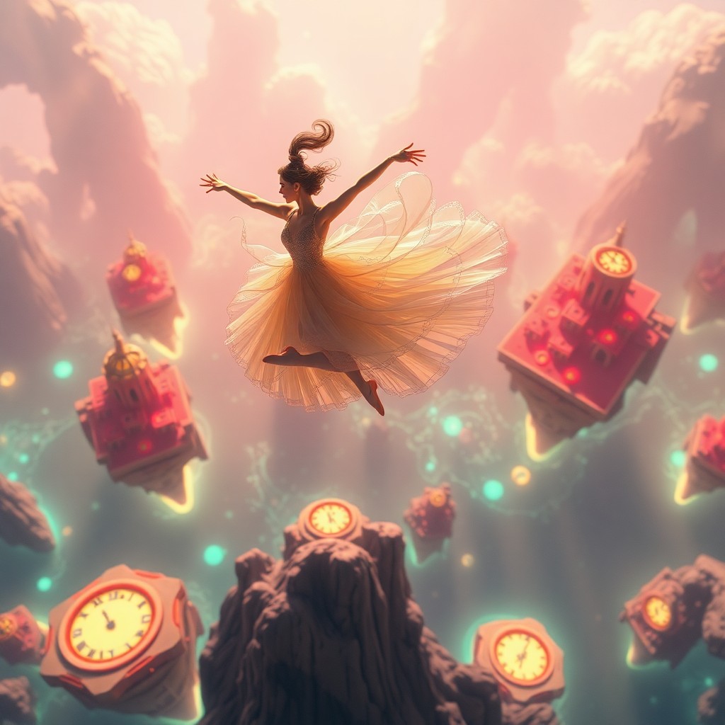 AI generated art for prompt: A mesmerizing digital artwork showcases an otherworldly dancer soaring above a luminous, surreal lan