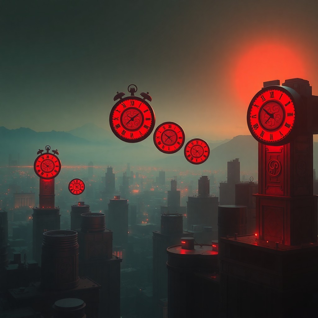 AI generated art for prompt: A surreal digital artwork depicting an enigmatic futuristic metropolis with levitating timepieces ad