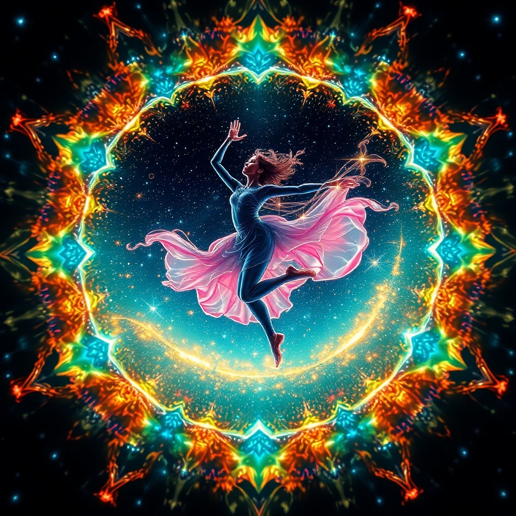 AI generated art for prompt: A captivating digital artwork depicting an ethereal celestial dancer gracefully leaping through a co