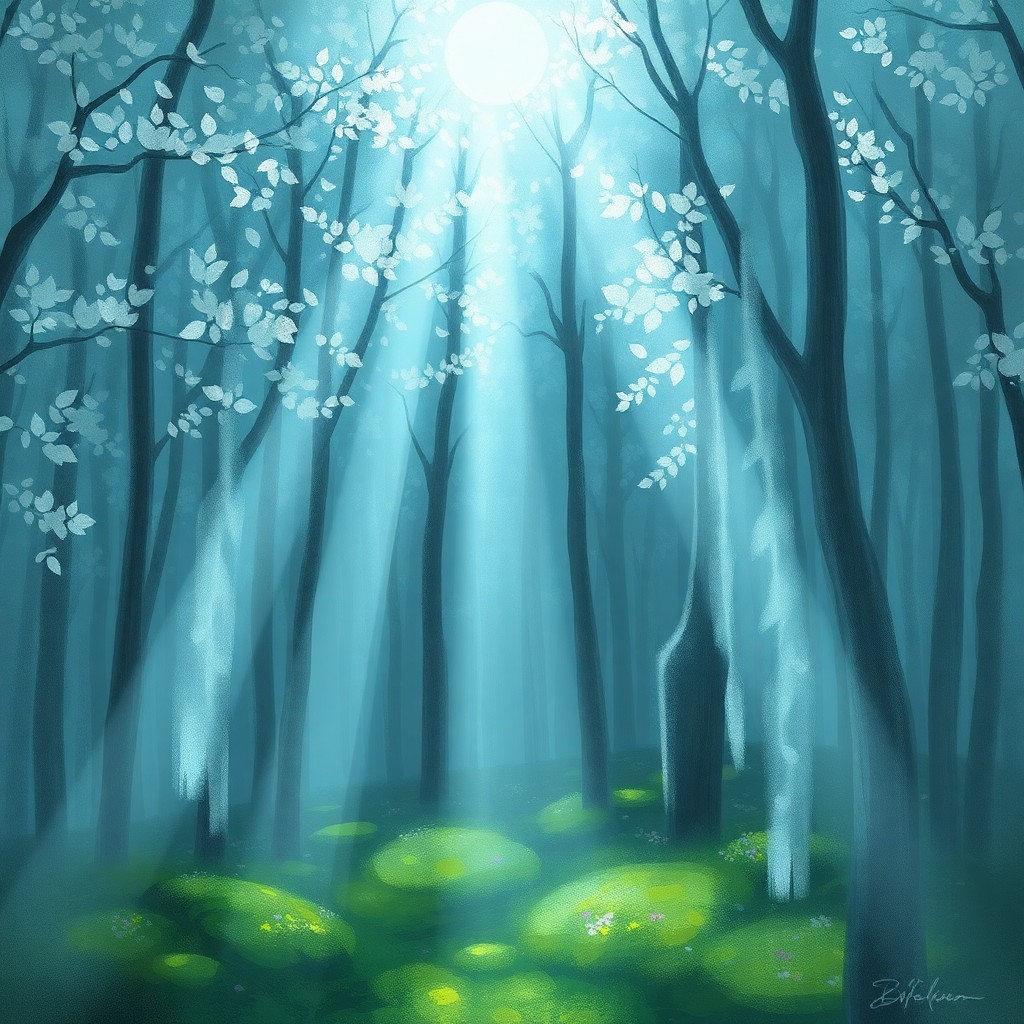 AI generated art for prompt: A dreamlike digital art scene captures an ethereal forest with ghostly, translucent trees stretching