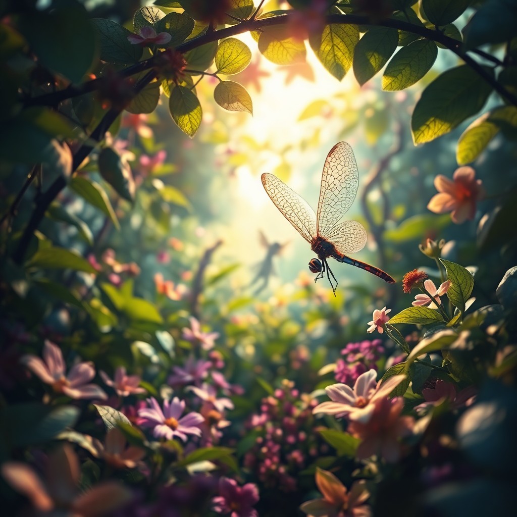 AI generated art for prompt: An image showcasing an enchanting garden from the unique vantage point of a dragonfly's perspective,