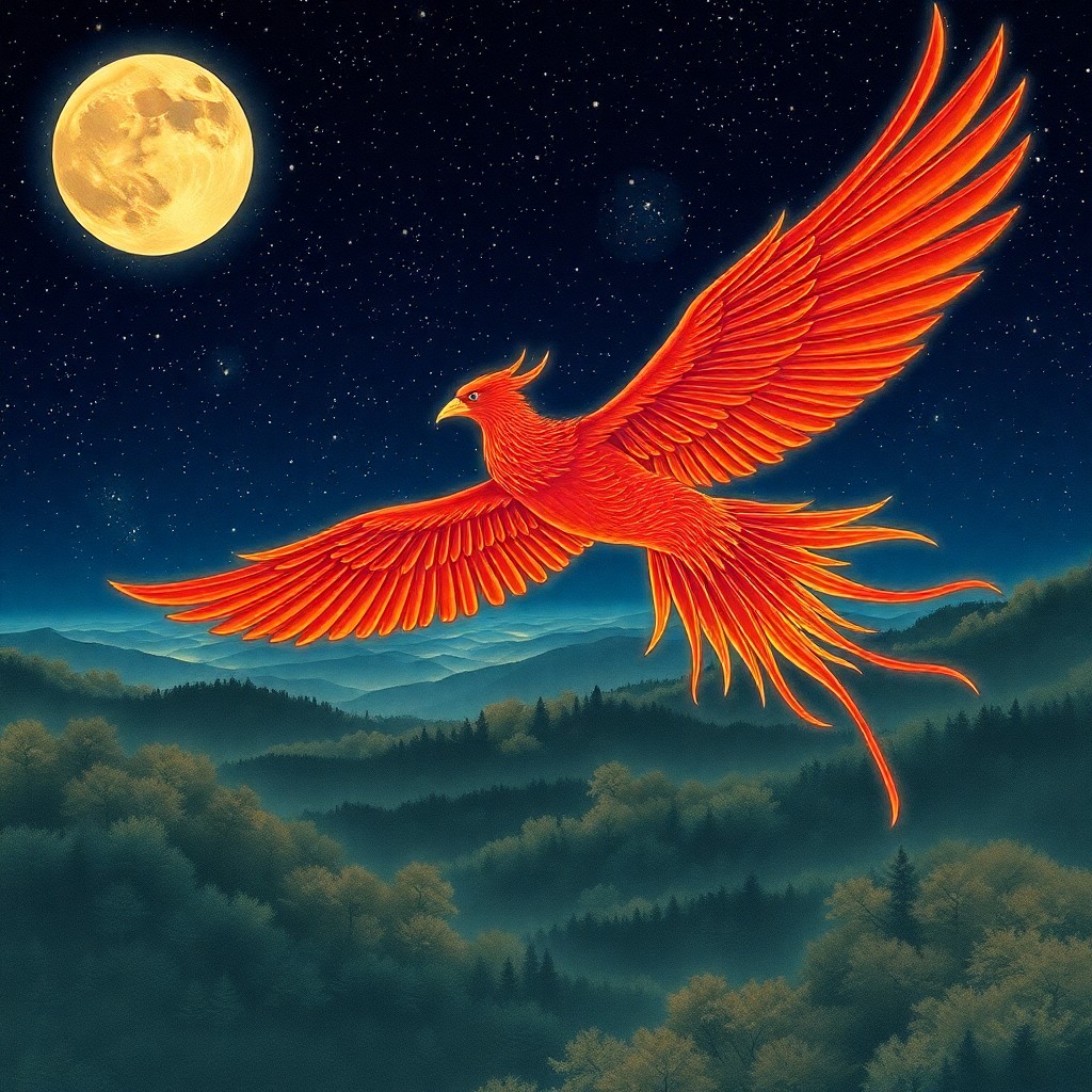 AI generated art for prompt: A mythical phoenix, reminiscent of Japanese ukiyo-e prints, soars across an expansive starlit sky. F