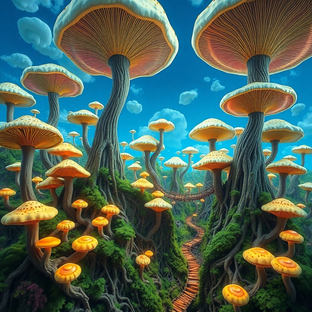 AI generated art for prompt: A surreal digital art scene showcases an enchanting forest teeming with colossal mushrooms in divers