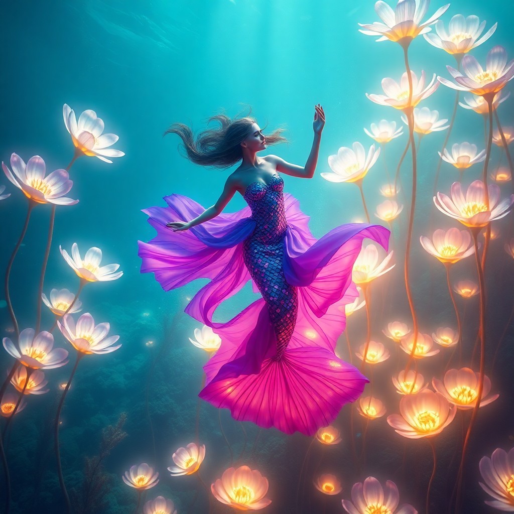 AI generated art for prompt: A mesmerizing digital artwork portraying an ethereal mermaid gracefully dancing in a lively underwat