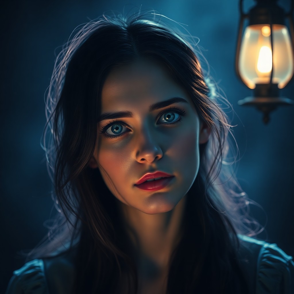 AI generated art for prompt: A close-up portrait of an enigmatic woman with dark hair and striking blue eyes is illuminated by th