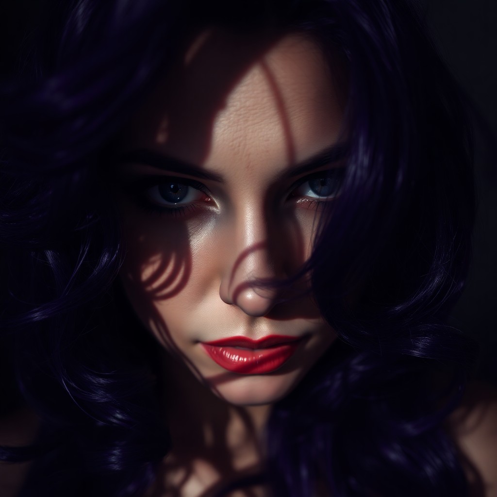 AI generated art for prompt: A captivating close-up portrait showcases an enigmatic woman shrouded in shadow and intrigue. Her de